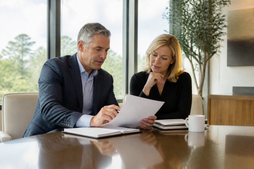 A financial advisor and a client in their 50s reviewing documents and a laptop across a polished conference table in a bright office with large windows