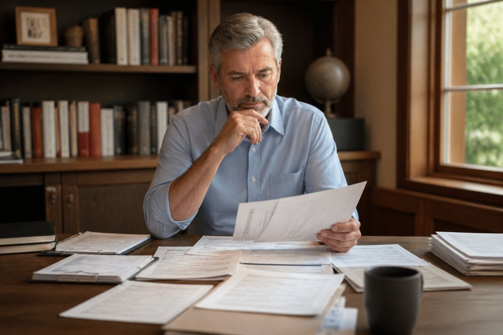 A business owner in their 50s sitting at a home office desk with multiple financial documents spread out, looking contemplative while reviewing paperwork, warm natural light through window
