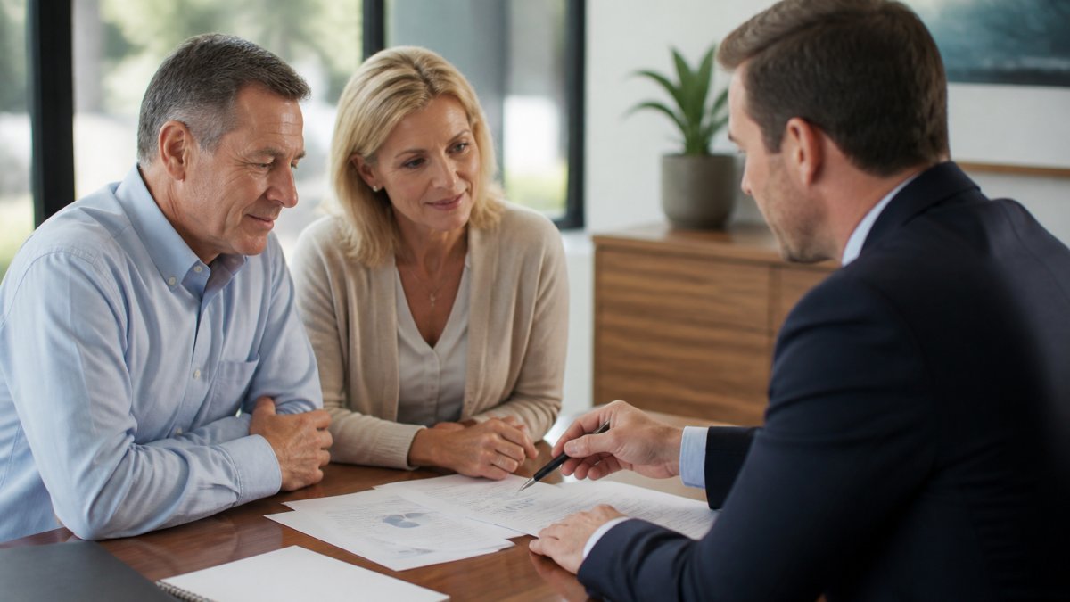 Professional couple sitting at desk with financial advisor reviewing documents, laptop and notepad visible, natural office lighting