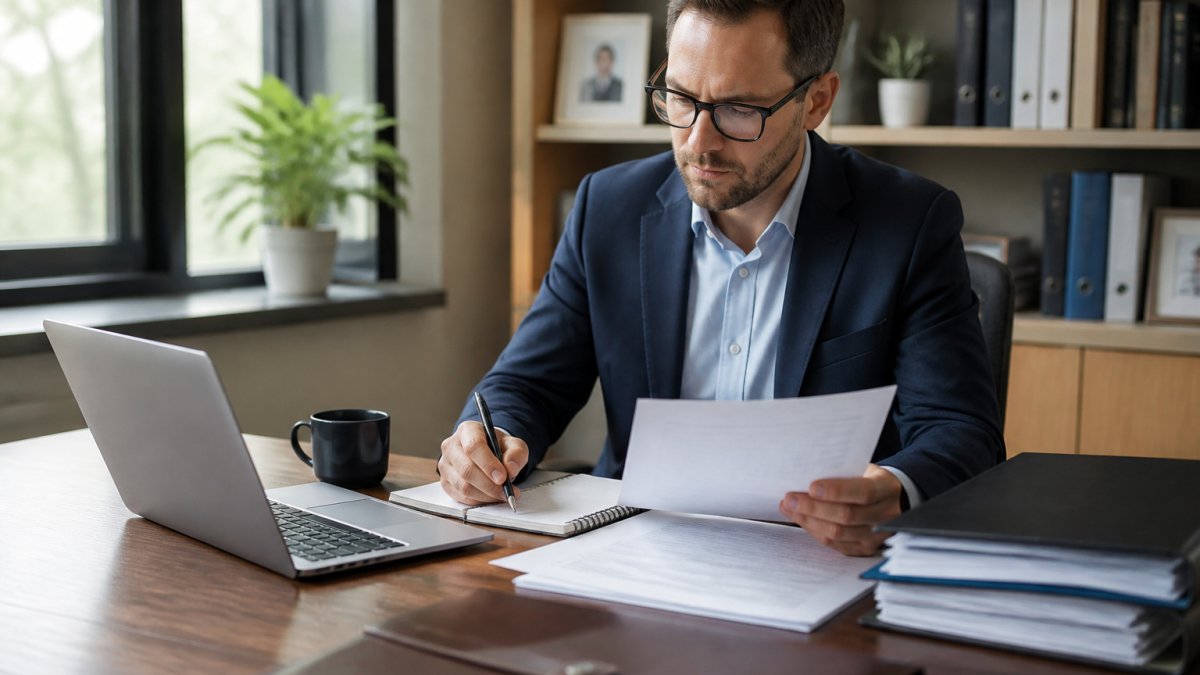 Professional advisor reviewing financial documents and laptop at organized desk with files, notebook, and coffee showing integrated planning workspace