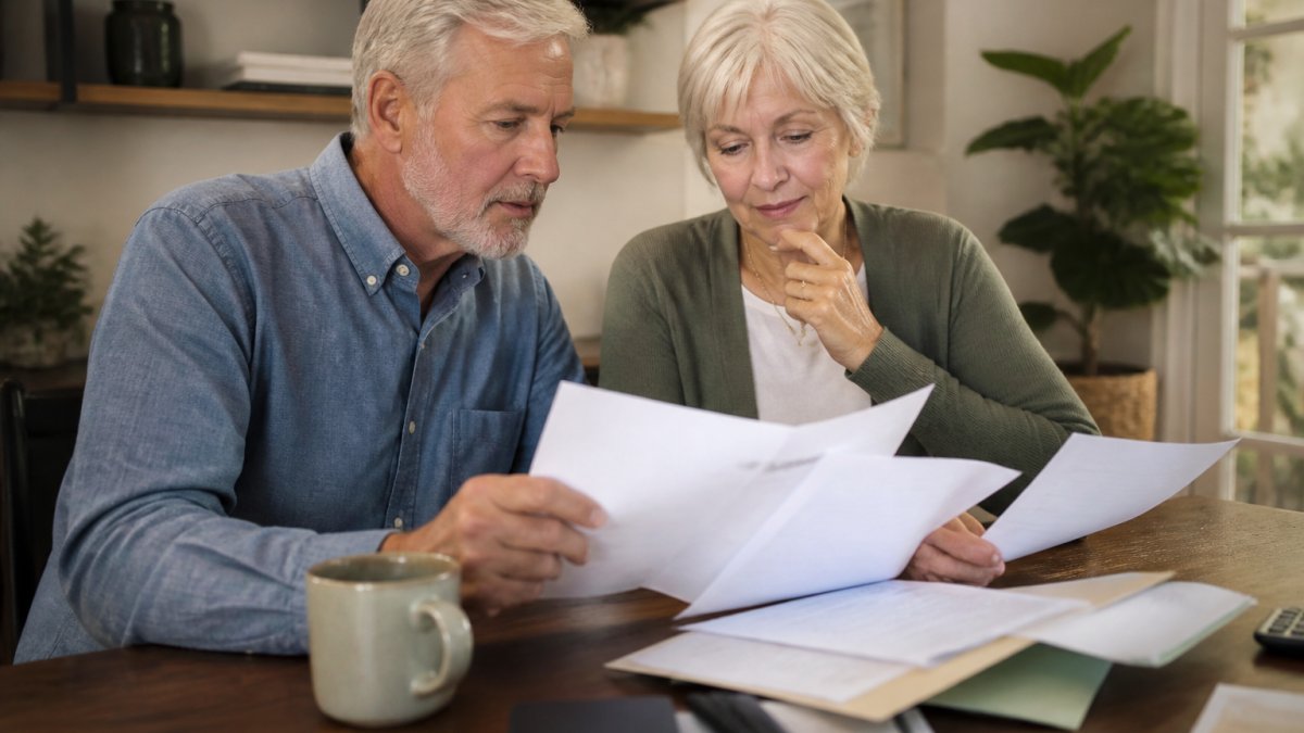 Mature couple reviewing financial documents and portfolio statements together at a home office desk with a laptop and coffee