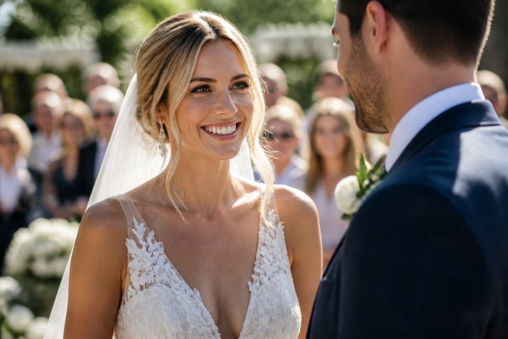 Bride in elegant white wedding dress smiling brightly during outdoor ceremony, natural sunlight illuminating her face, clear aligners barely visible