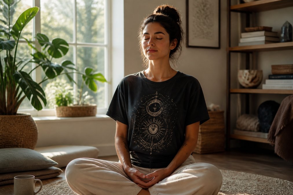 Person in morning meditation wearing a celestial-designed angel number tee, seated by a bright window with soft sunlight, hands resting peacefully in lap, eyes closed in quiet contemplation