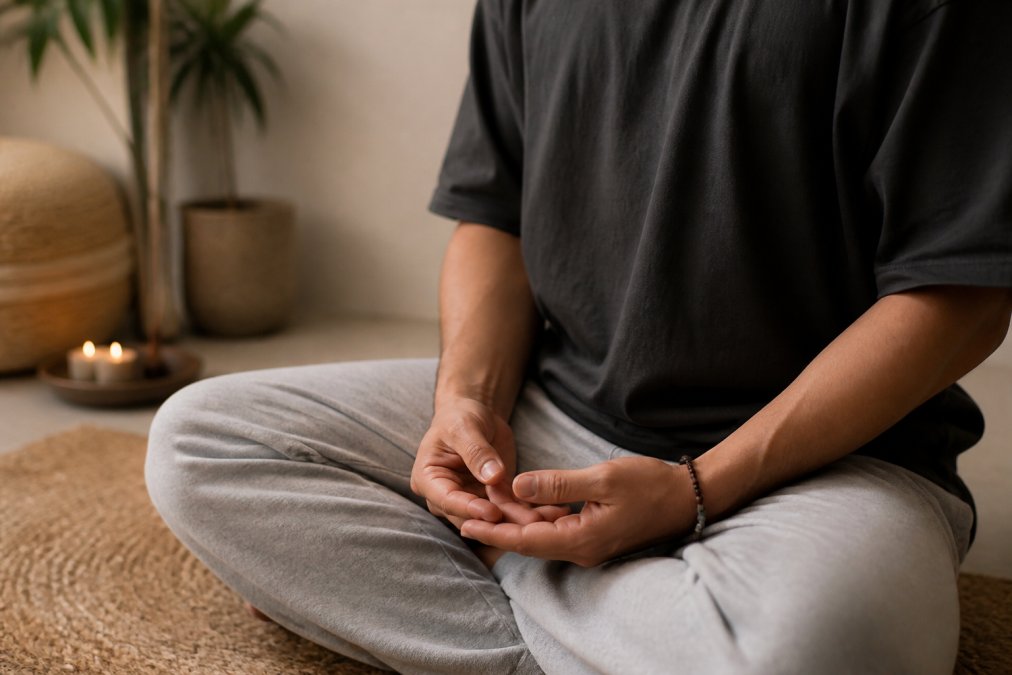 Close-up of hands in contemplative position on lap, person wearing celestial angel number apparel, seated in calm indoor space with soft warm lighting and minimal background