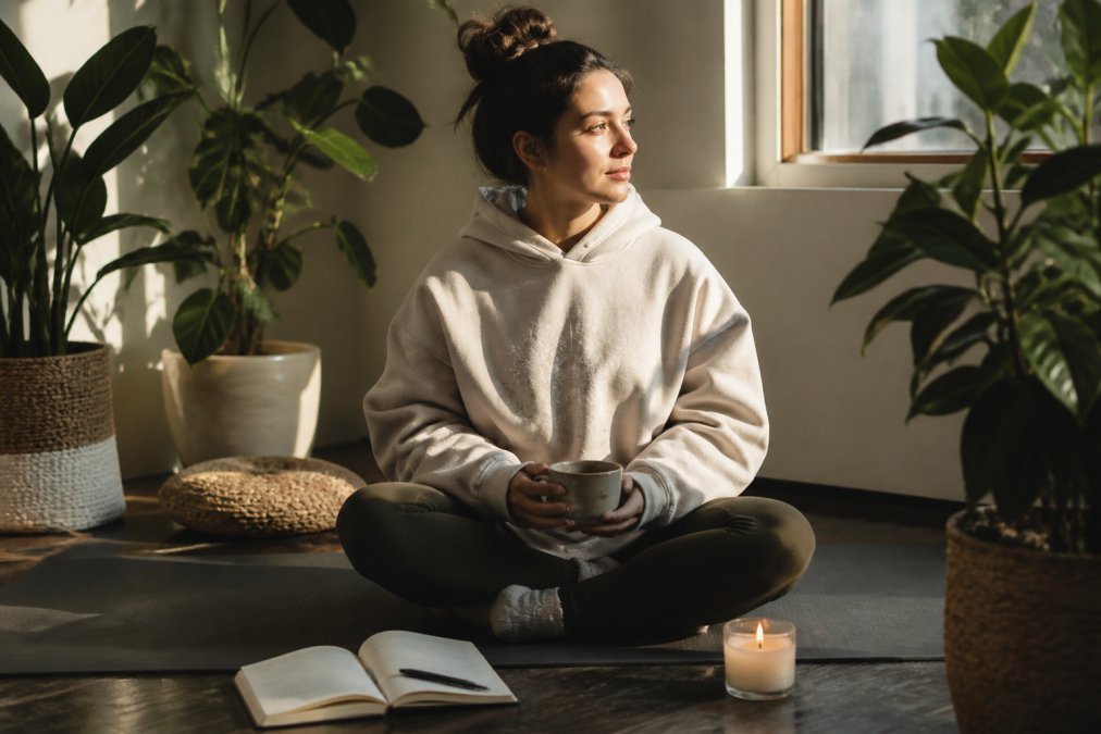 A person wearing an oversized fleece hoodie with a subtle graphic, sitting cross-legged on a yoga mat in a sunlit room with a journal and candle nearby, conveying a calm morning ritual