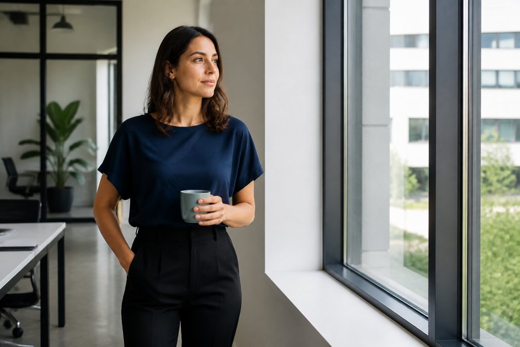 A confident professional woman in her late 20s wearing a soft navy dolman tee with tailored black trousers, standing in a bright modern office near a window, holding a coffee mug, natural morning light