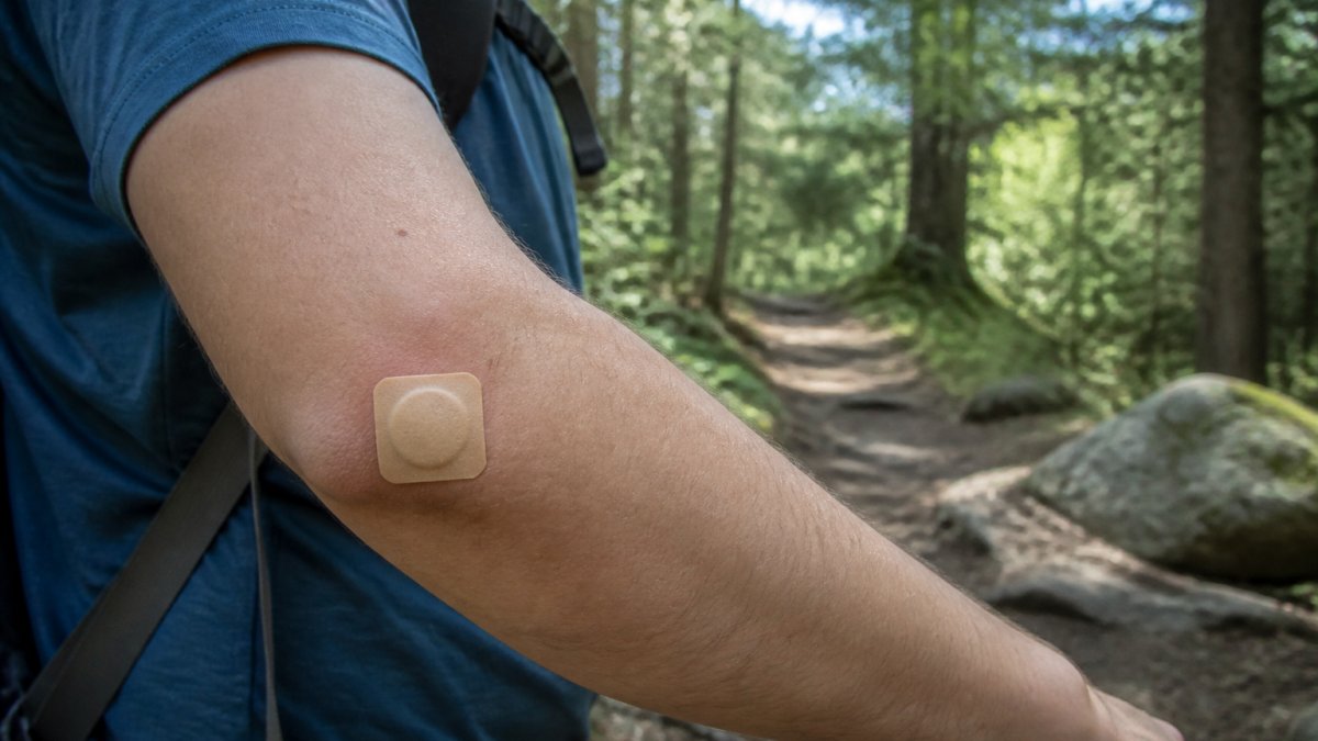 Close-up of a hiker's forearm with a small adhesive tick repellent patch attached, forest trail visible in the soft-focus background
