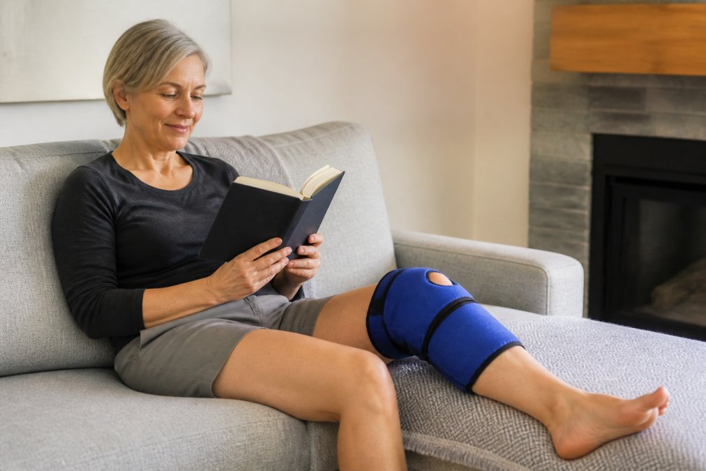 A person relaxing on a couch while using a wearable pain management cold compression sleeve on their knee.