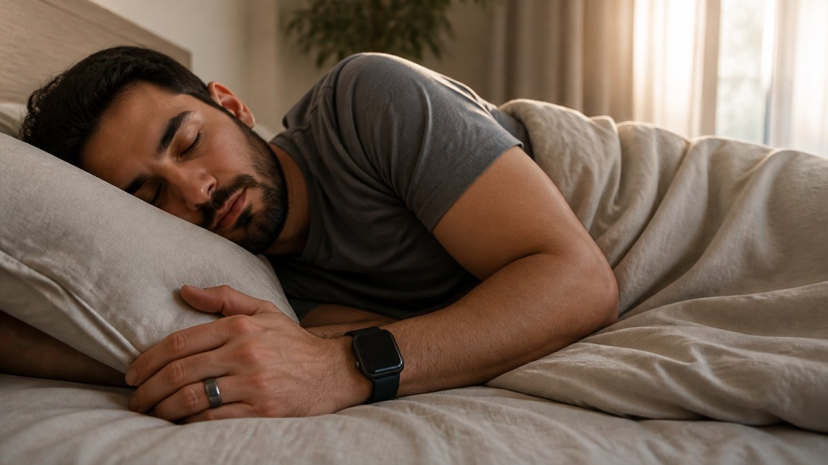 Person sleeping peacefully in a bright bedroom wearing a smart ring and a fitness watch on their wrist