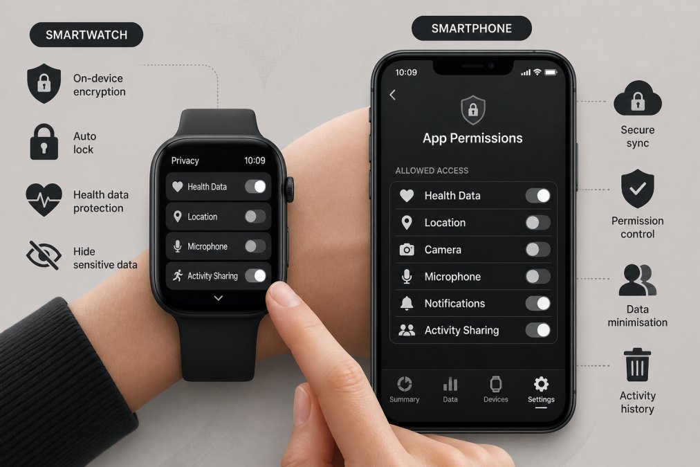 Close-up of hands navigating privacy settings on a smartwatch screen, with a smartphone nearby showing app permissions displayed on both devices