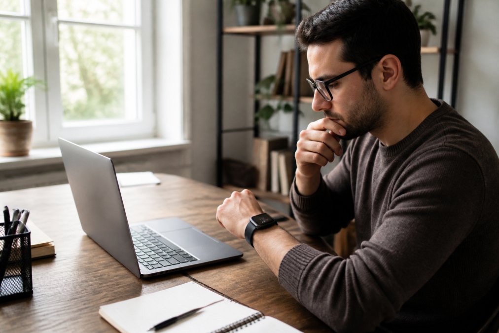 Person wearing a smartwatch while reviewing privacy documentation on a laptop in a home office setting with natural daylight from a window