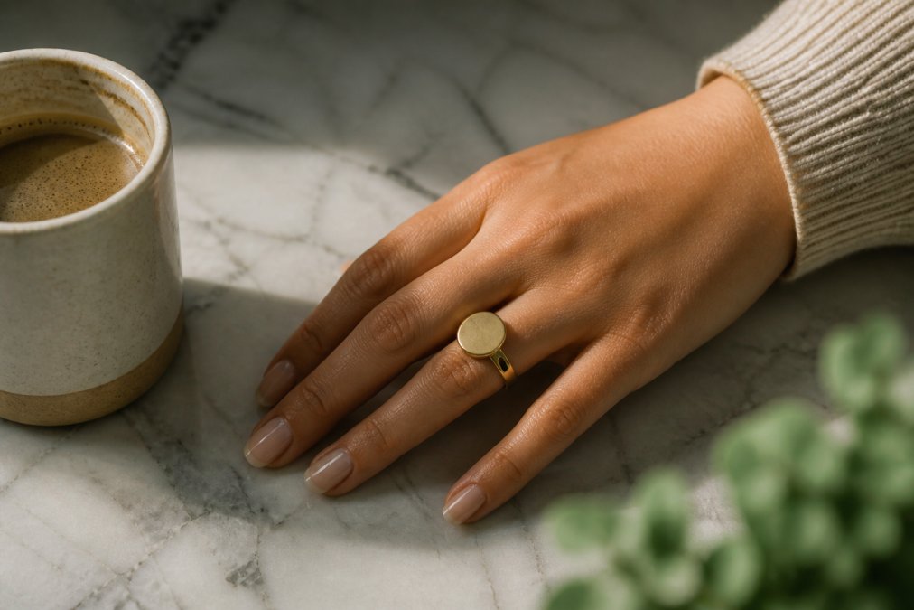 Close-up shot of a woman's hand wearing a smart ring with a decorative cover, resting on a marble surface next to a coffee cup, soft natural lighting highlighting the metallic finish and craftsmanship