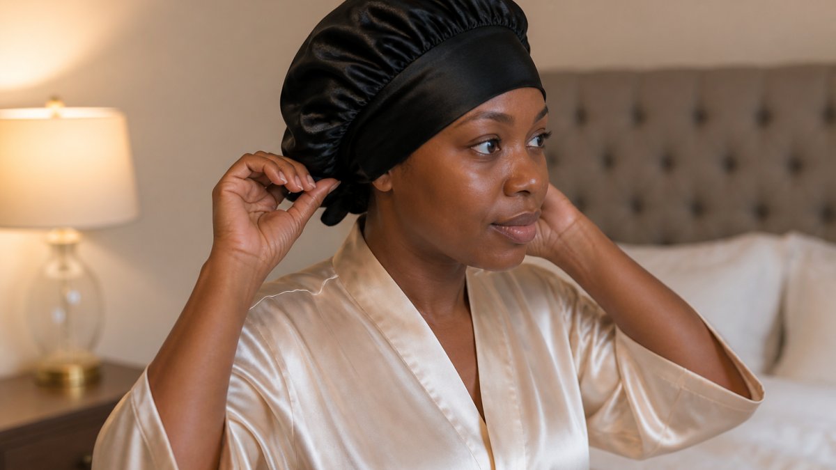 Woman with textured hair adjusting a mulberry silk bonnet, showing proper fit and secure tie placement before bed