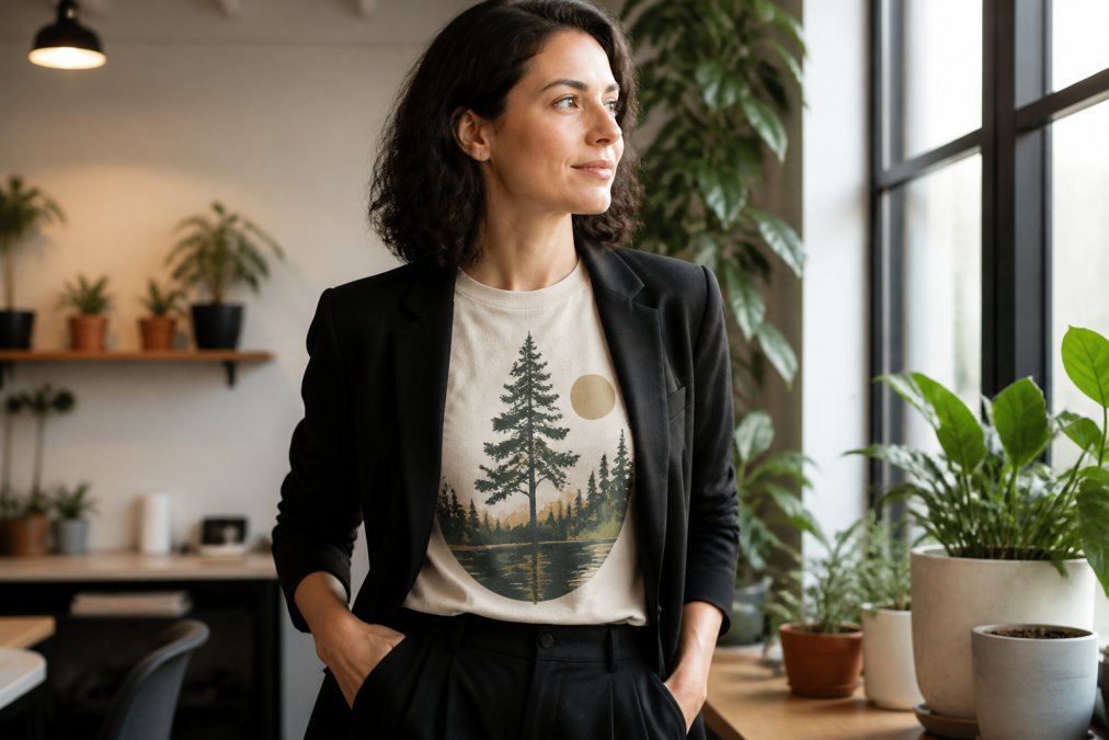 A professional in a modern office wearing a nature-inspired graphic t-shirt under a structured blazer, standing confidently near a window with potted plants, soft morning light