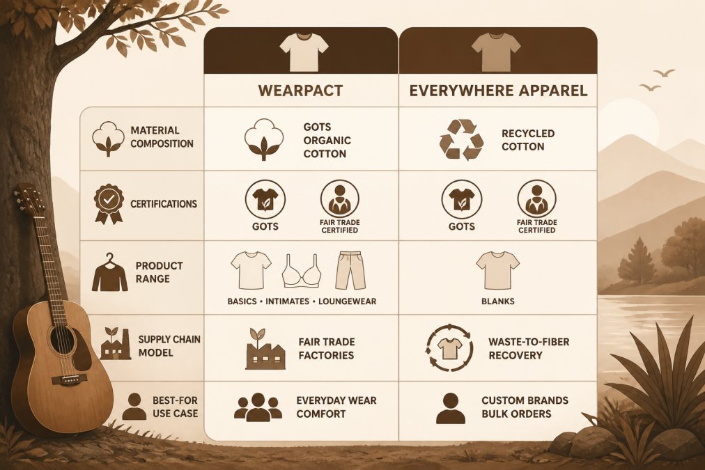 Comparison table for wearpact vs everywhere highlighting materials, certifications, and product ranges.