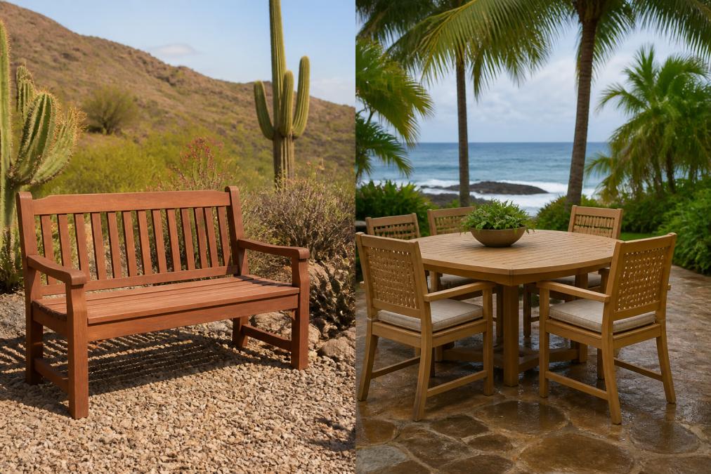 A split-screen comparison showing a cedar bench in a dry, sunny desert landscape and a teak dining set in a lush, humid coastal setting