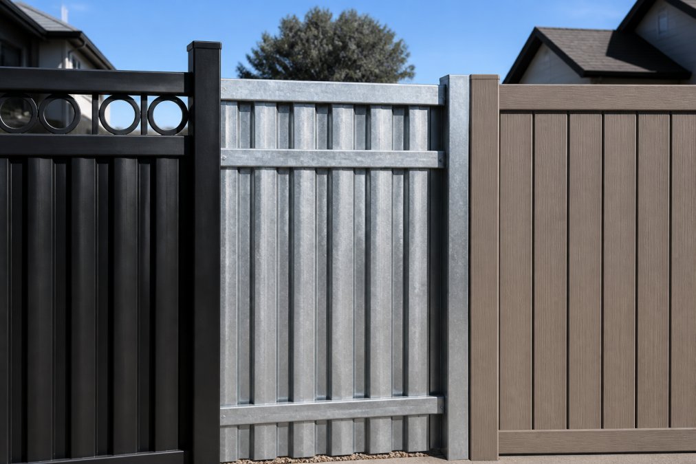 Aluminum, steel, and composite panels side by side for weather resistant fencing in a residential yard.