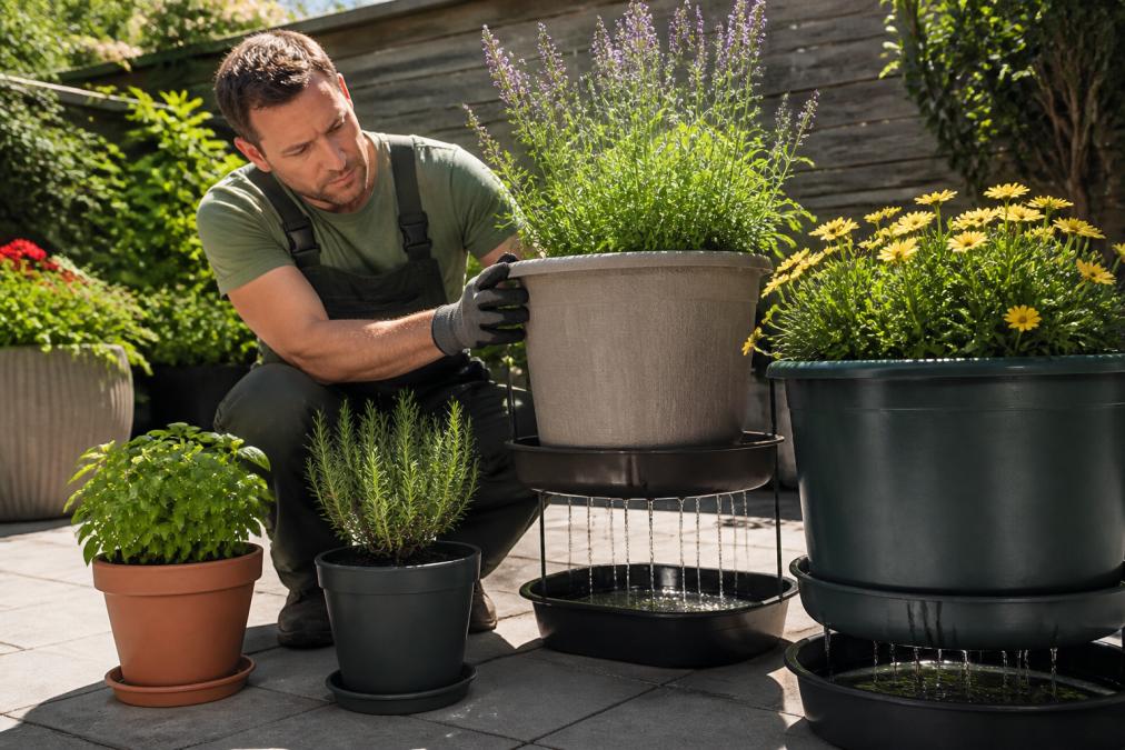 Diagram showing the drainage process for weather resistant outdoor garden containers on a sunny patio
