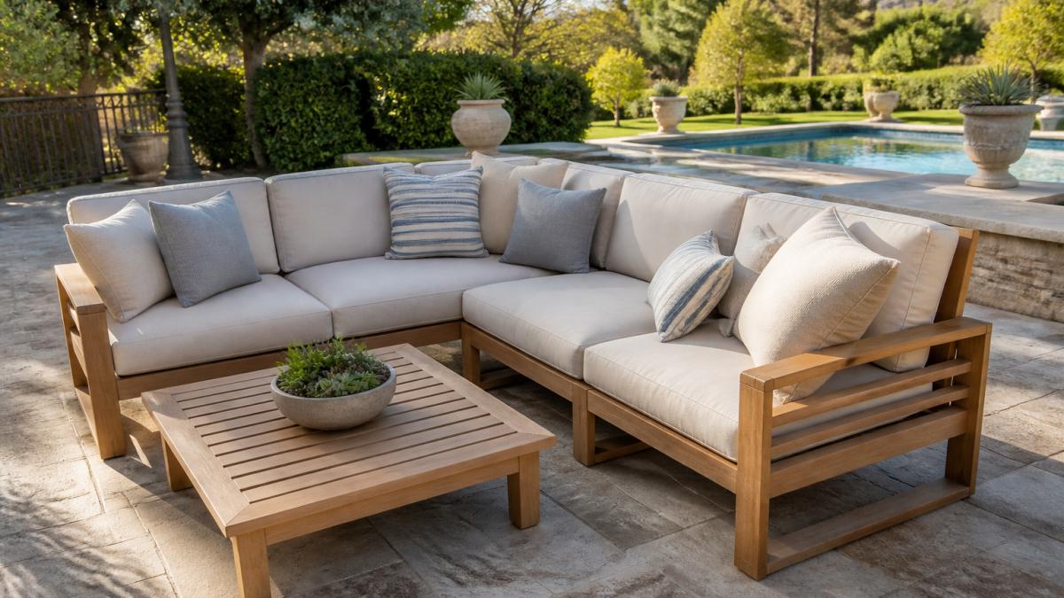 A teak outdoor sectional sofa set with thick cushions on a stone patio in bright afternoon sun, with a pool and green landscaping in the background, no people