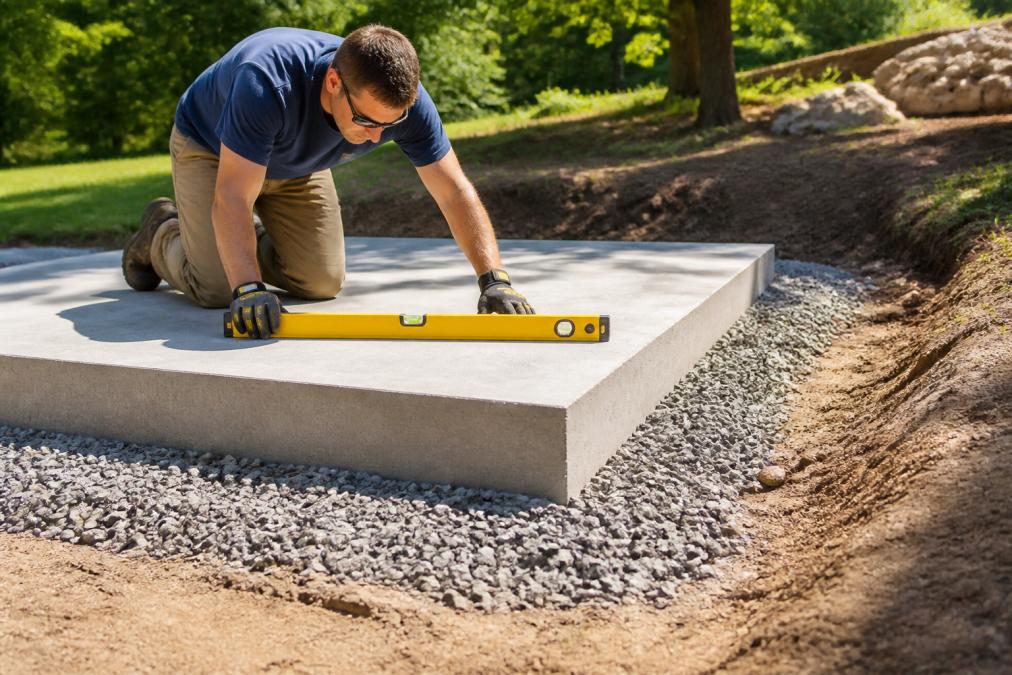 Homeowner in work gloves using a level tool to inspect a concrete foundation pad before shed installation, showing proper grading sloping away from the foundation with visible drainage gravel, bright afternoon sunlight