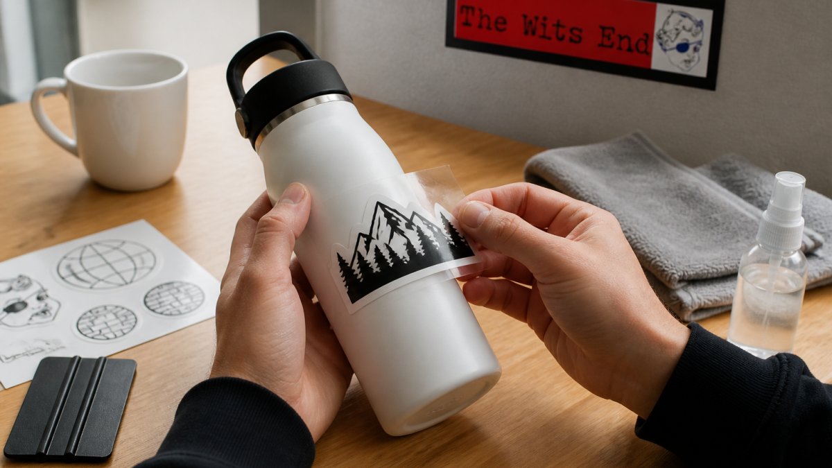 Close-up of hands peeling a vinyl sticker from backing paper and carefully positioning it on a clean insulated water bottle surface, demonstrating proper alignment and smooth application technique