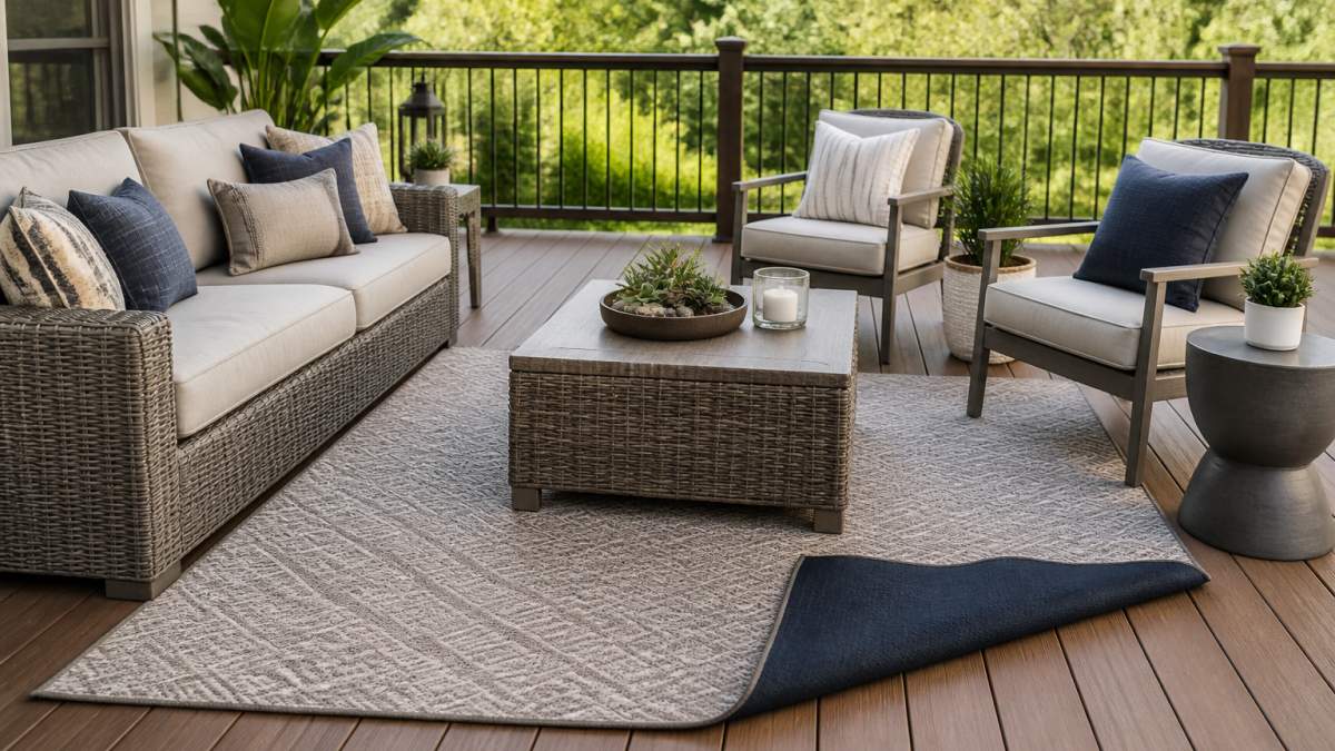 Professional outdoor patio setting with a reversible weatherproof outdoor rug anchoring a seating area, showing proper placement on a wooden deck with comfortable outdoor furniture arranged around it, natural afternoon sunlight