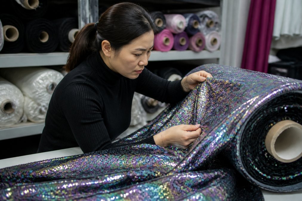 A close-up of a professional seamstress's hands inspecting a roll of iridescent sequin fabric under bright work lights in a studio, checking the pattern alignment and sequin density