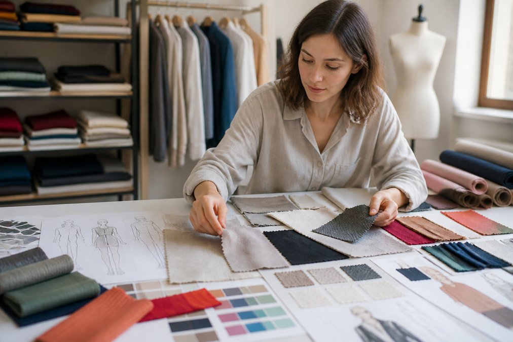Fashion designer examining fabric swatches and textile samples at a workstation, surrounded by sketches, color palettes, and specification sheets in natural studio lighting