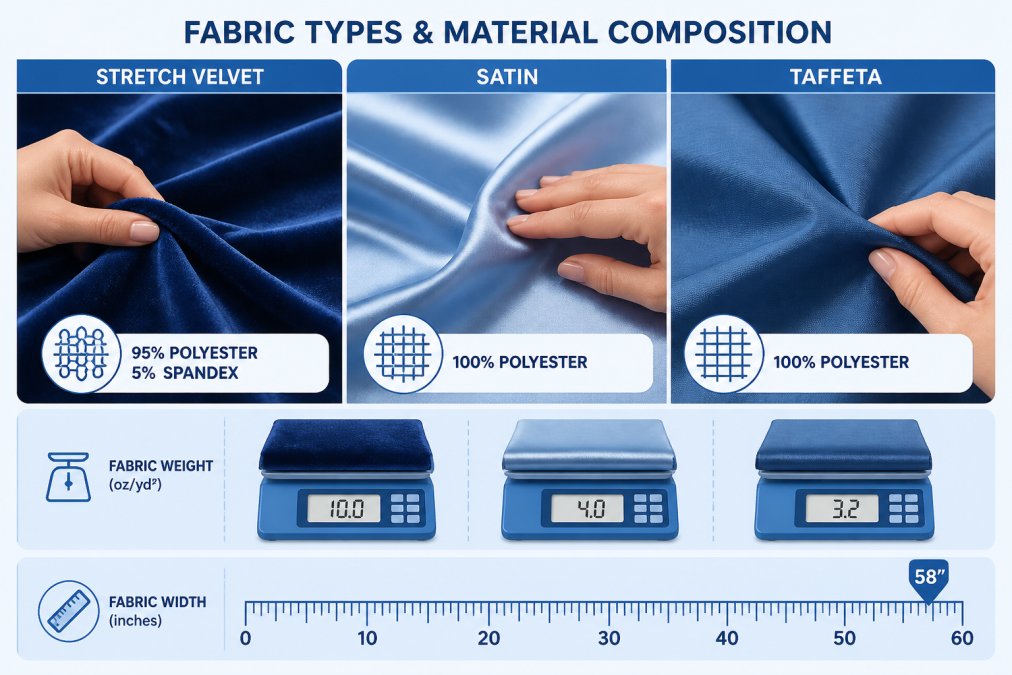 Close-up of hands touching and examining different fabric textures including stretch velvet, satin, and taffeta on a work table with natural window lighting, with a fabric weight scale and measurement ruler visible