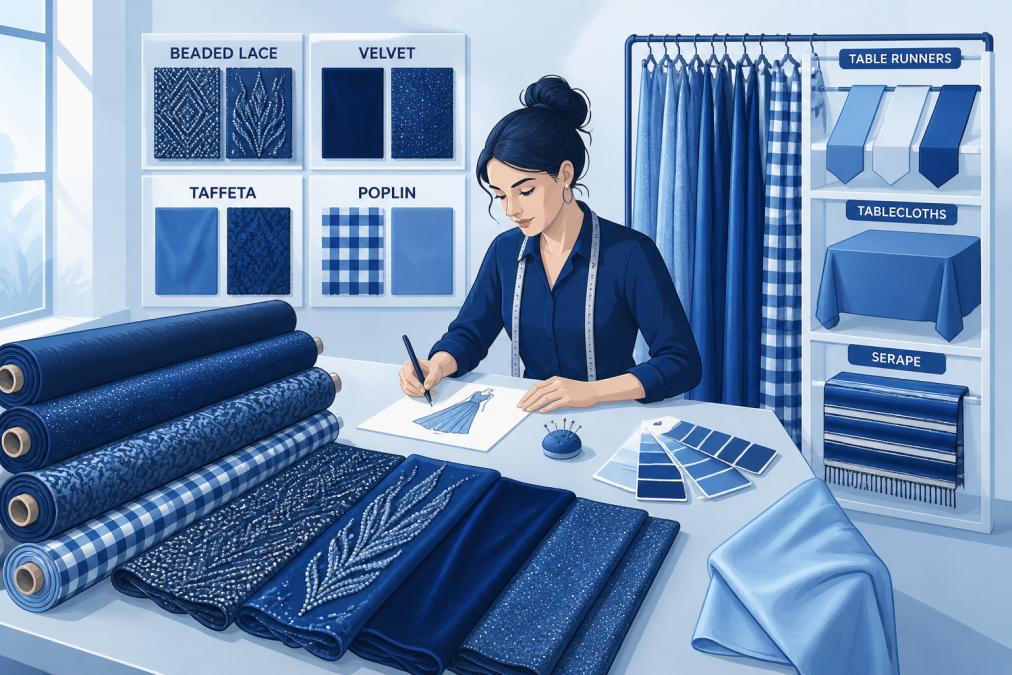 Fashion designer working at a sewing table with bolts of premium fabrics, embellished textiles, and fabric swatches organized in the background with natural studio lighting