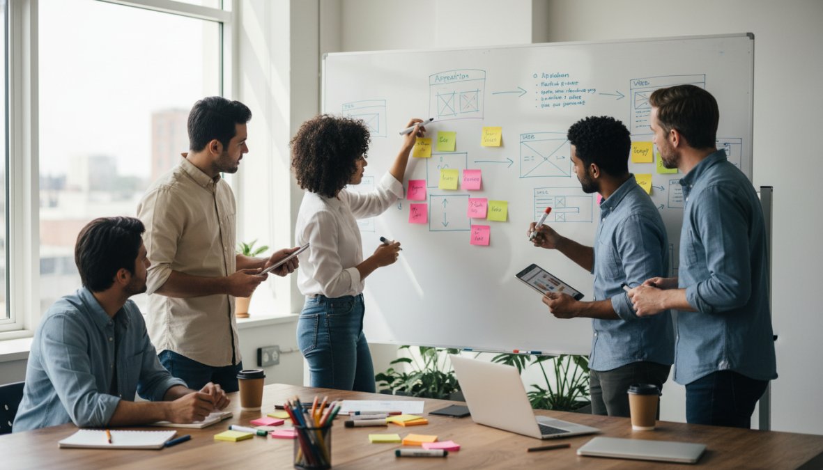 A small startup team of four people gathered around a whiteboard covered in sticky notes and hand-drawn wireframe sketches, collaborating on a product roadmap in a bright modern co-working space with large windows and afternoon light