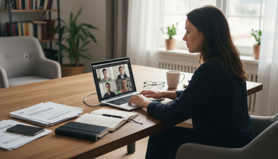A startup founder in her early thirties sitting at a home office desk, having a video call on a laptop, reviewing printed documents and taking handwritten notes, with a coffee mug and soft natural light from a nearby window