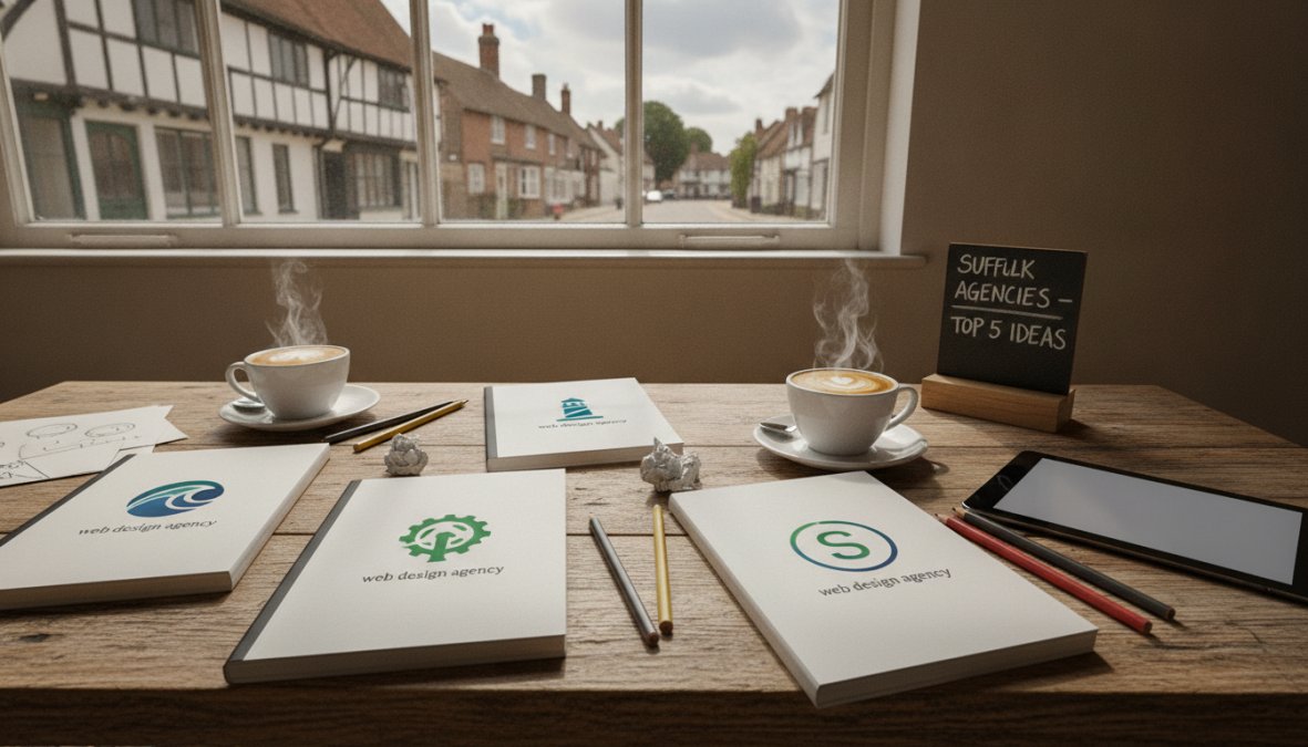 A web designer sitting at a large desk with dual monitors displaying a responsive website layout alongside design sketches and a cup of coffee, photographed in a bright, modern studio with natural window light