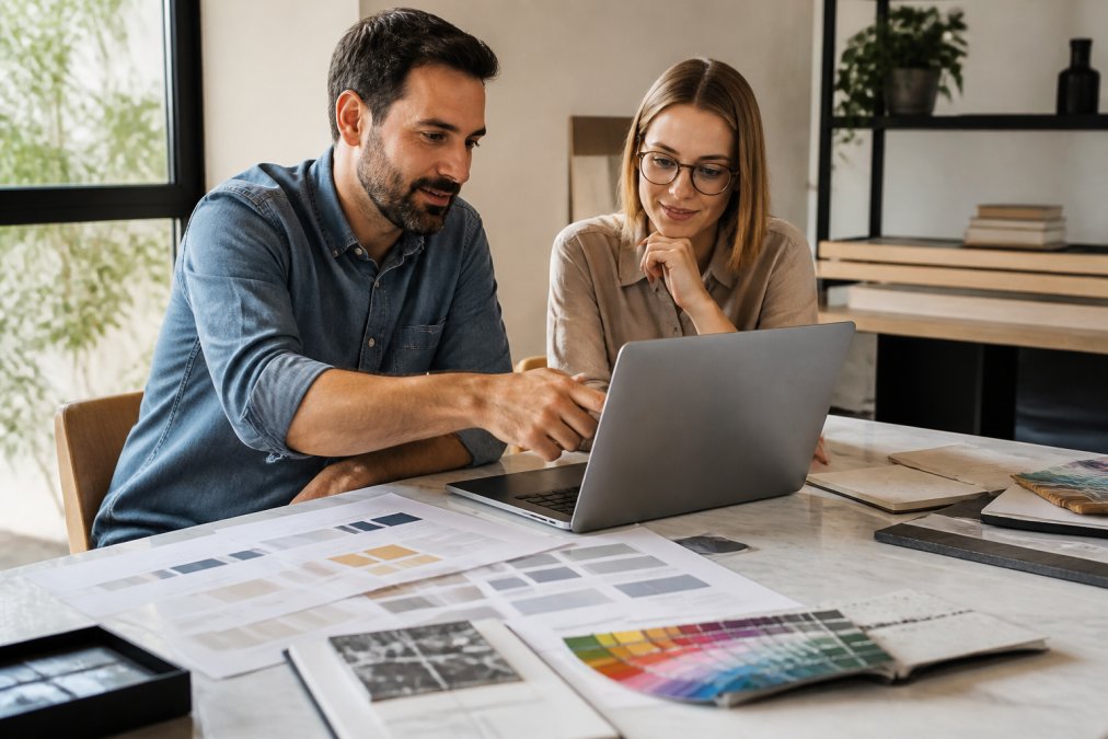 Web designer and business owner reviewing website mockups on a laptop in a bright collaborative workspace, with design sketches, brand guidelines, and colour swatches spread across the desk