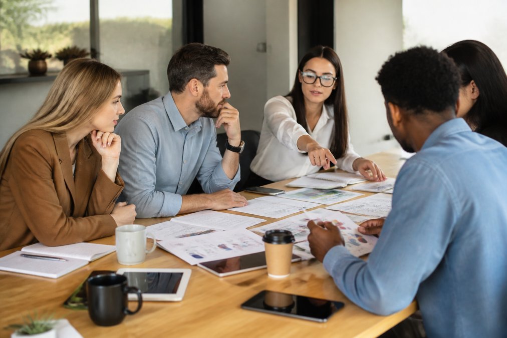 Marketing team reviewing website analytics and conversion data on a monitor, with team members discussing strategy and pointing at performance metrics on the dashboard