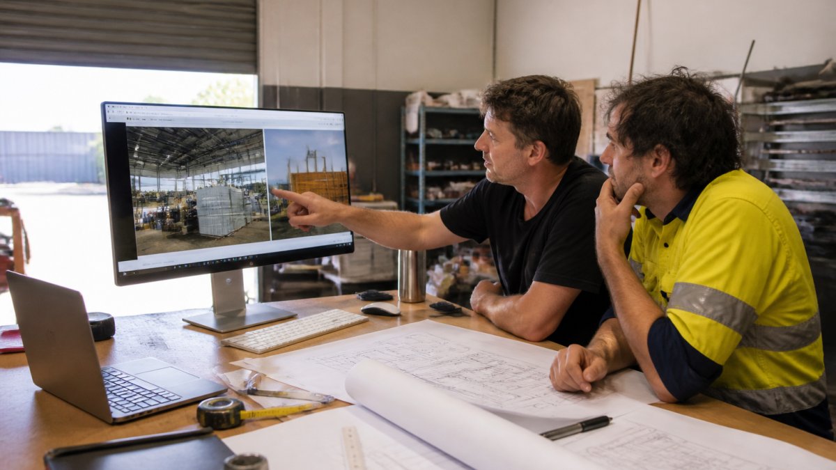 A web designer and an industrial client reviewing a project showcase page on a large monitor in a workshop office, technical drawings spread across the desk beside a laptop, afternoon light through the roller door