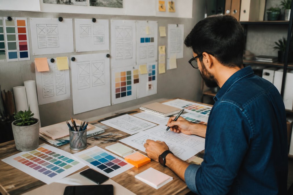 Professional designer working at desk with multiple monitors displaying website wireframes, colour swatches, and design mockups, with sketches and notes visible on the desk surface under studio lighting