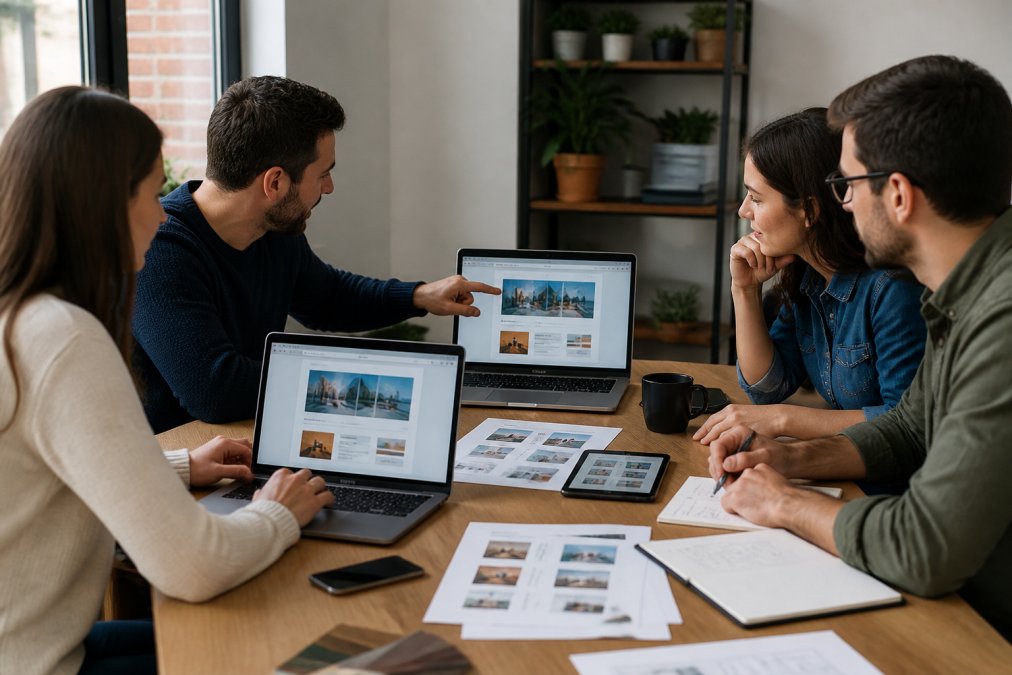 Collaborative team meeting around table with laptops displaying website mockups and prototypes, reviewing design decisions and discussing layouts on multiple screens