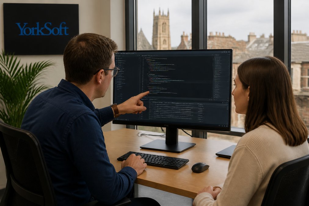 A developer and a business owner reviewing a custom web application on a large monitor in a modern Northampton office, with code and interface elements visible on screen