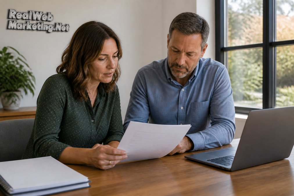 Two nonprofit staff members reviewing a printed RFP document together at a wooden conference table, with a laptop open nearby and afternoon light through office windows