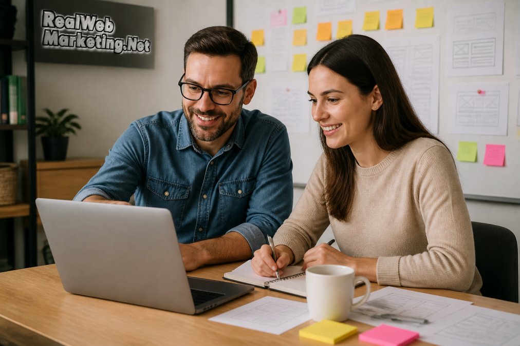 A small business owner and a web designer reviewing a project timeline on a laptop in a bright, modern office, with sticky notes and wireframe sketches on the wall behind them