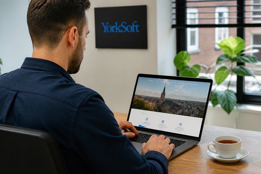 A business owner in Northampton reviewing a modern website mockup on a laptop in a bright office, with a cup of tea nearby