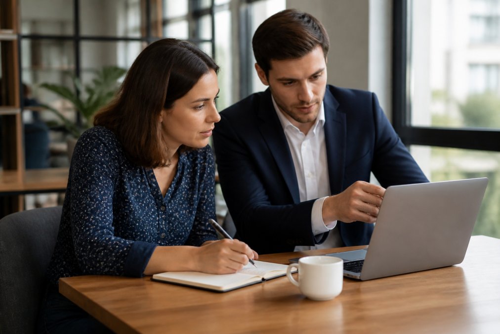 Business owner and web developer in collaborative discussion at desk with laptop, notebook, and coffee in modern office setting with natural window lighting