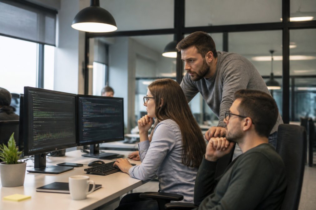 Team reviewing website analytics dashboards on multiple monitors in modern office with collaborative workspace and professional lighting