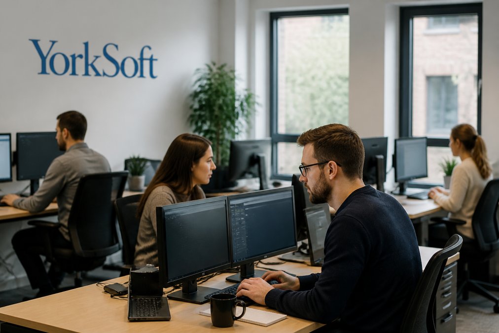 Professional development team working at multiple monitors displaying code and design mockups in a modern office environment with natural lighting