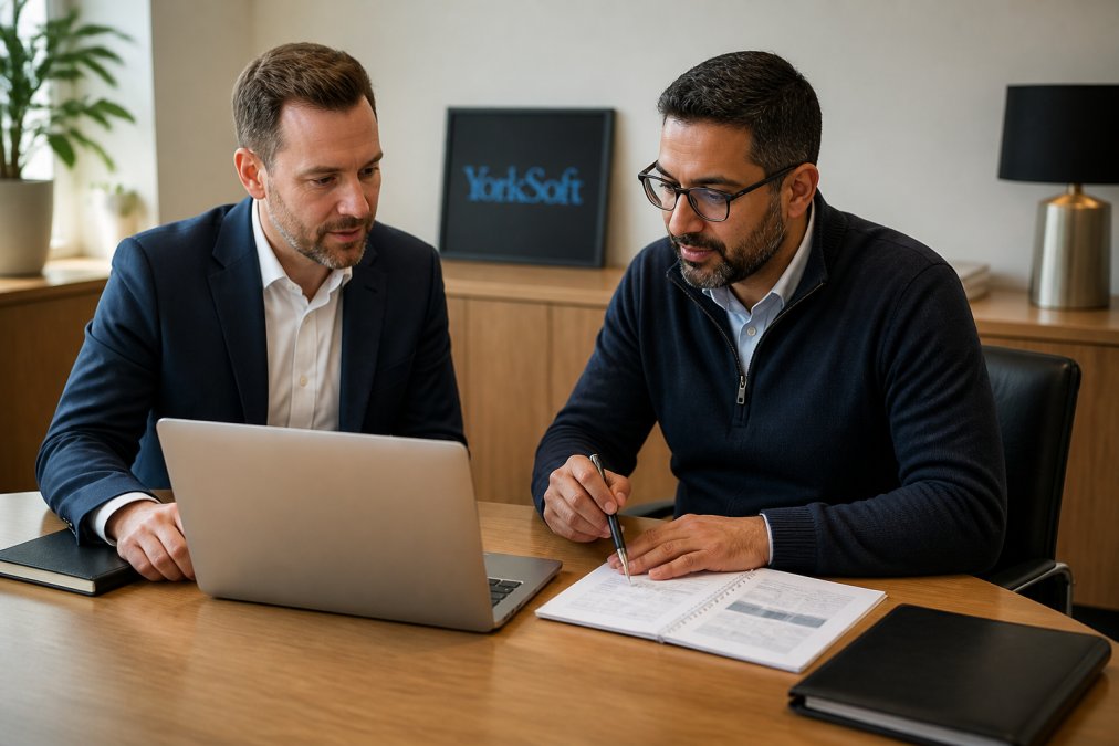 Business manager and technical consultant reviewing project requirements and timelines on a laptop during a meeting in a professional office setting