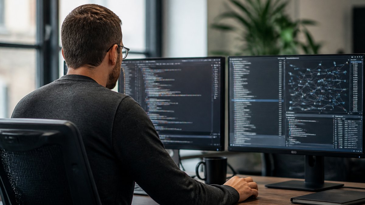 Developer reviewing security architecture while comparing web utilities vs desktop software on dual monitors