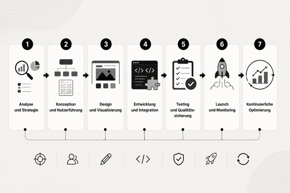 Flowchart mit Projektphasen: Analyse und Strategie → Konzeption und Nutzerführung → Design und Visualisierung → Entwicklung und Integration → Testing und Qualitätssicherung → Launch und Monitoring → kontinuierliche Optimierung