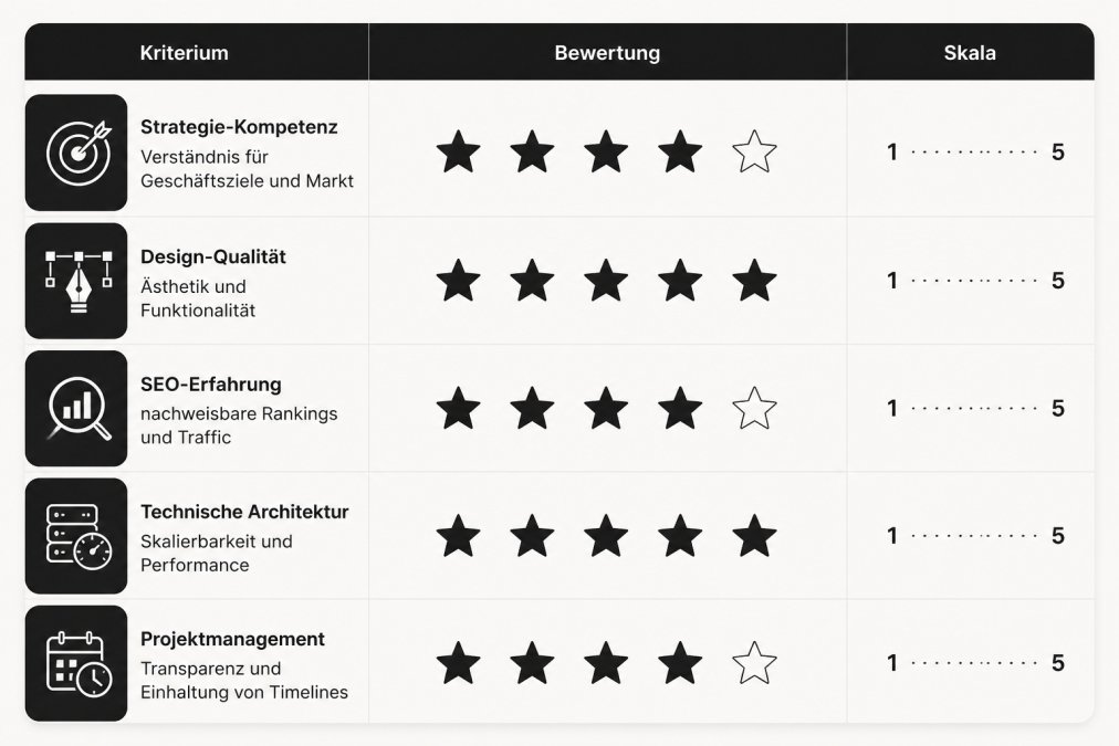 Evaluierungsmatrix mit Kriterien: Strategie-Kompetenz (Verständnis für Geschäftsziele und Markt), Design-Qualität (Ästhetik und Funktionalität), SEO-Erfahrung (nachweisbare Rankings und Traffic), Technische Architektur (Skalierbarkeit und Performance), Projektmanagement (Transparenz und Einhaltung von Timelines), mit Bewertungsskalen von 1-5 Sternen für jedes Kriterium