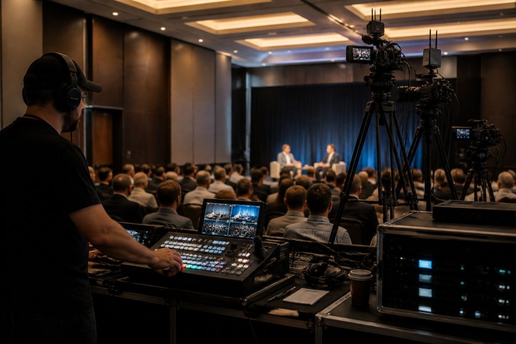 Professional demonstrating webcast live stream technique in modern corporate environment with multiple monitors displaying real-time broadcast analytics and video feeds during live event production